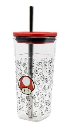 Trinkbecher mit Edelstahl-Strohhalm - Super Mario: Roter Pilz (540ml)