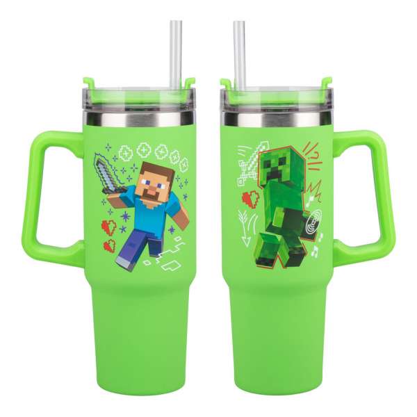 Reisebecher mit Trinkhalm 900ml (grün) - Minecraft: Steve + Creeper